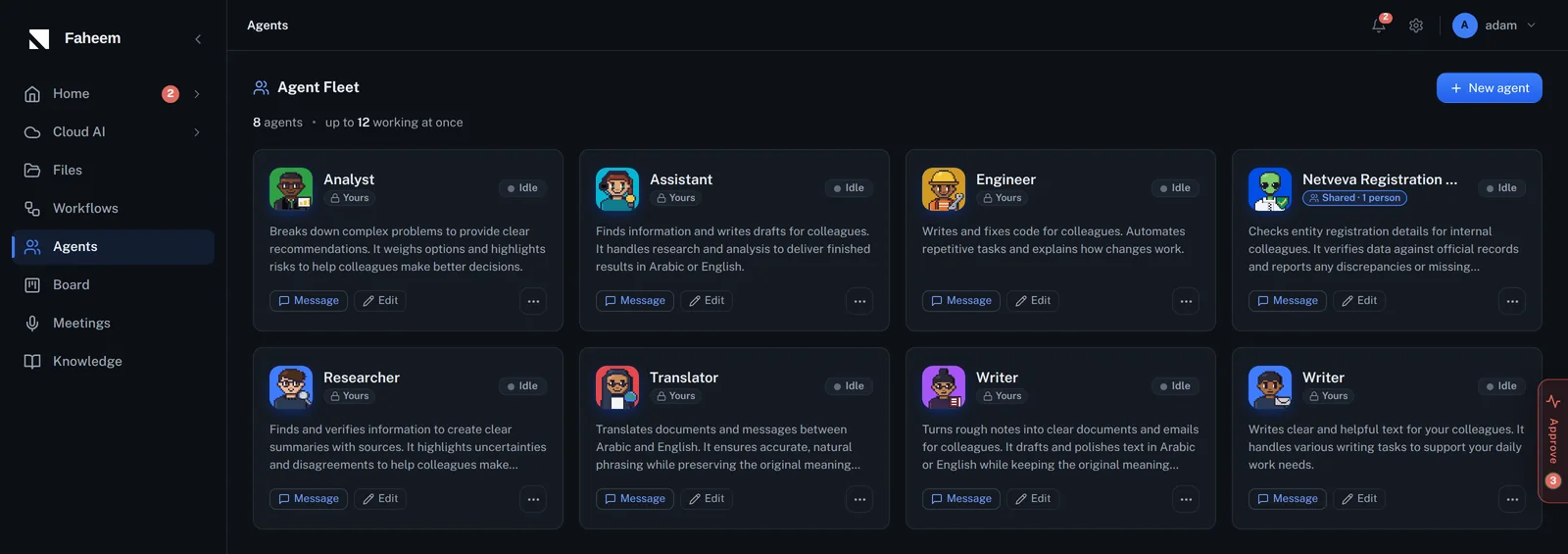 Faheem agent fleet with eight named agents, each with a pixel-art character, status badge, and Message and Edit buttons