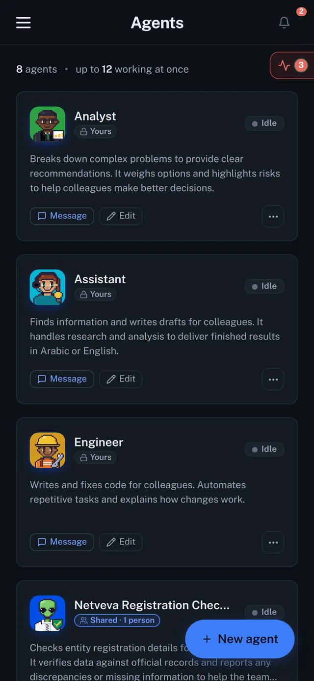 Faheem installed as a phone app, showing the agent fleet with pixel-art characters and the notification bell