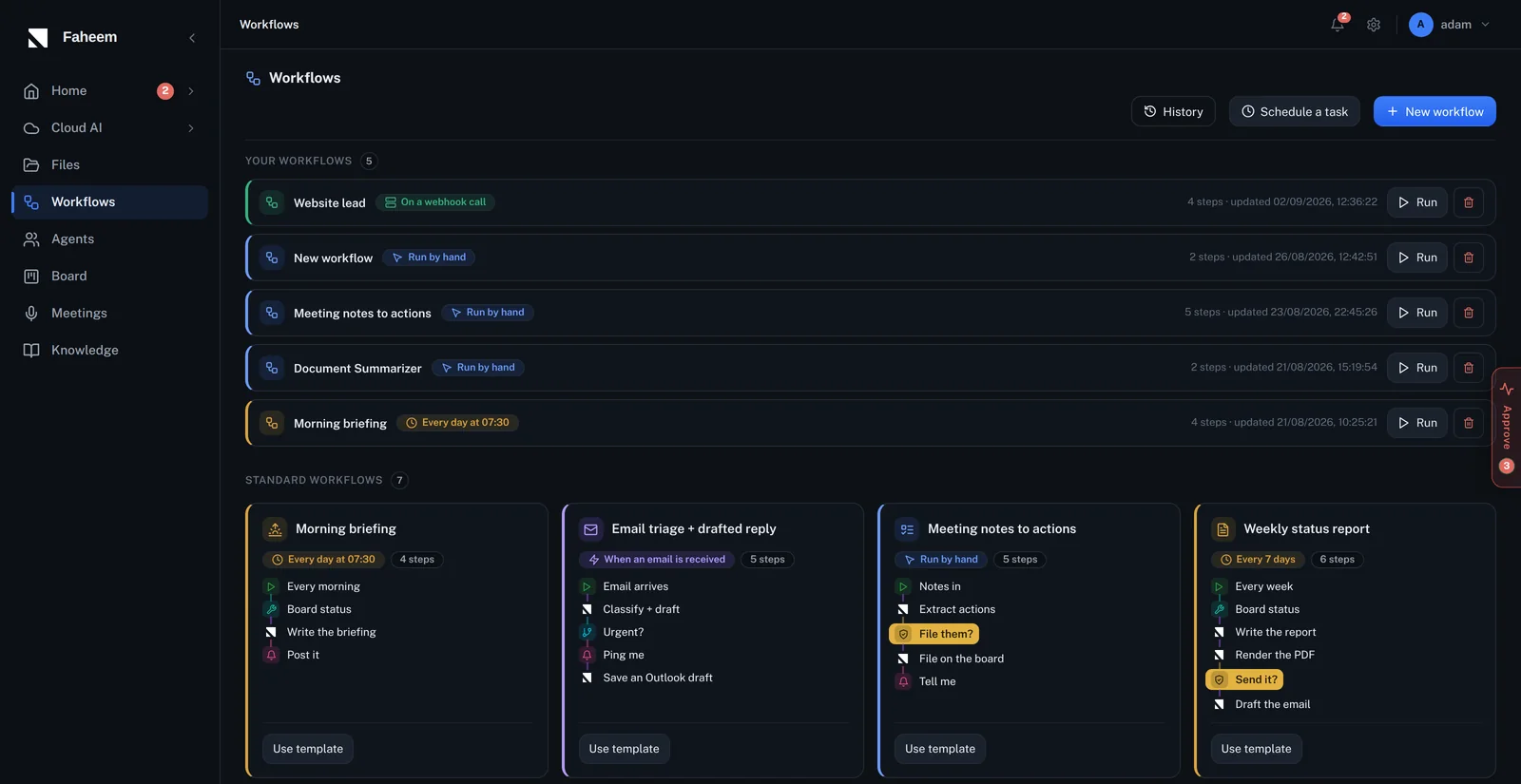Faheem workflows page listing a webhook-triggered website lead workflow, a daily morning briefing and standard templates with their steps