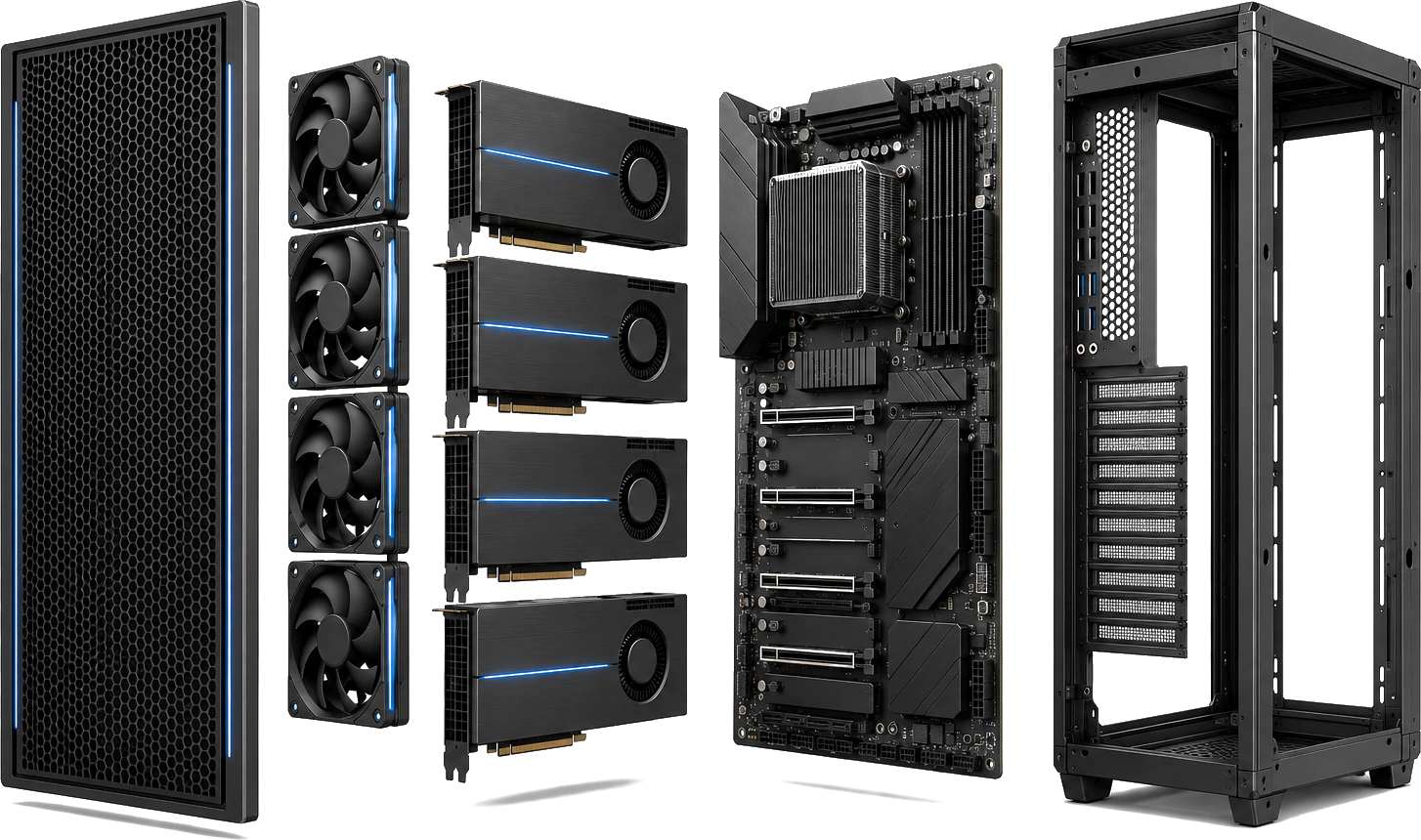 Exploded view of a Faheem Sovereign GPU server: chassis, four GPUs, motherboard, cooling and power supply
